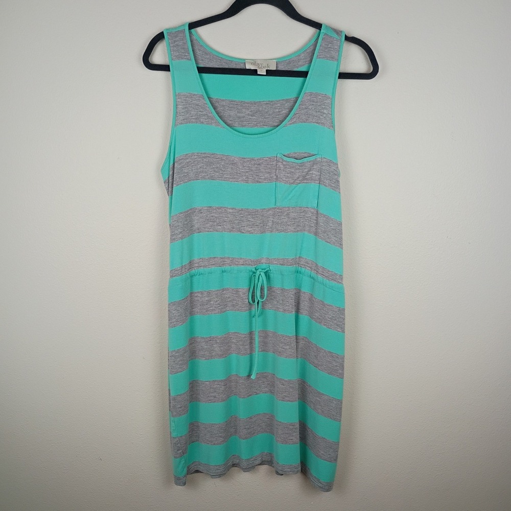 Olive & Oak Womens Mint Gray Striped Sleeveless Drawstring Waist Pocket Dress M - Picture 2 of 7